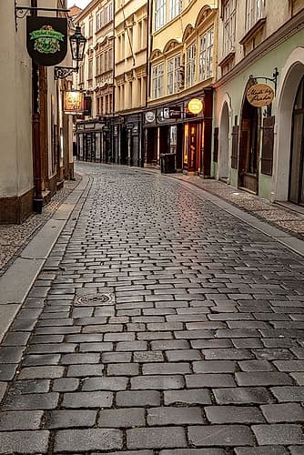 Narrow wet cobblestone streets in Old Town in Prague-Czech Republic Cityscapes Print